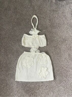 Handmade Crochet Two-Piece Set in Cream with Floral Appliqués